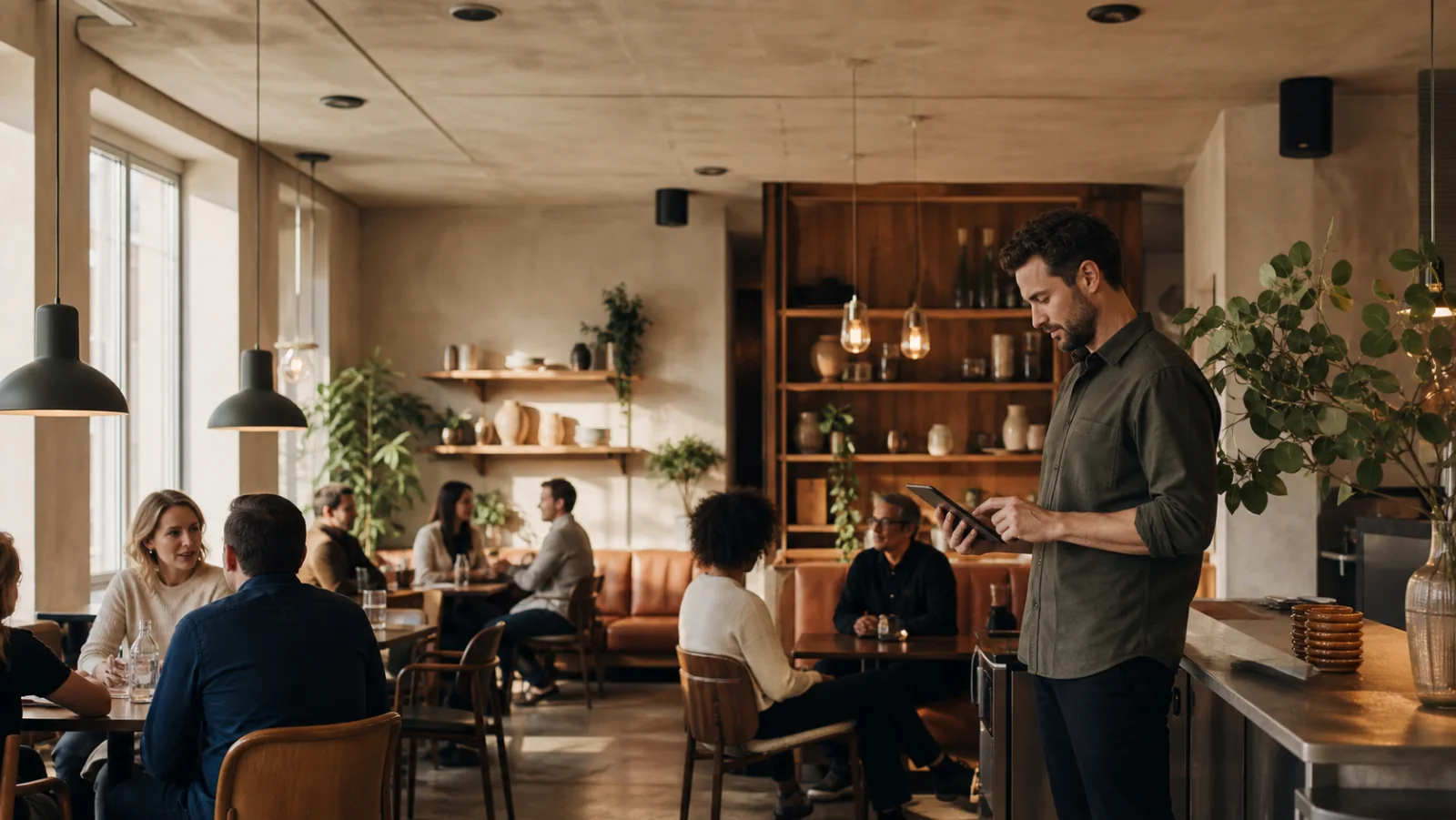 A restaurant manager adjusting the room experience while guests enjoy the cafe