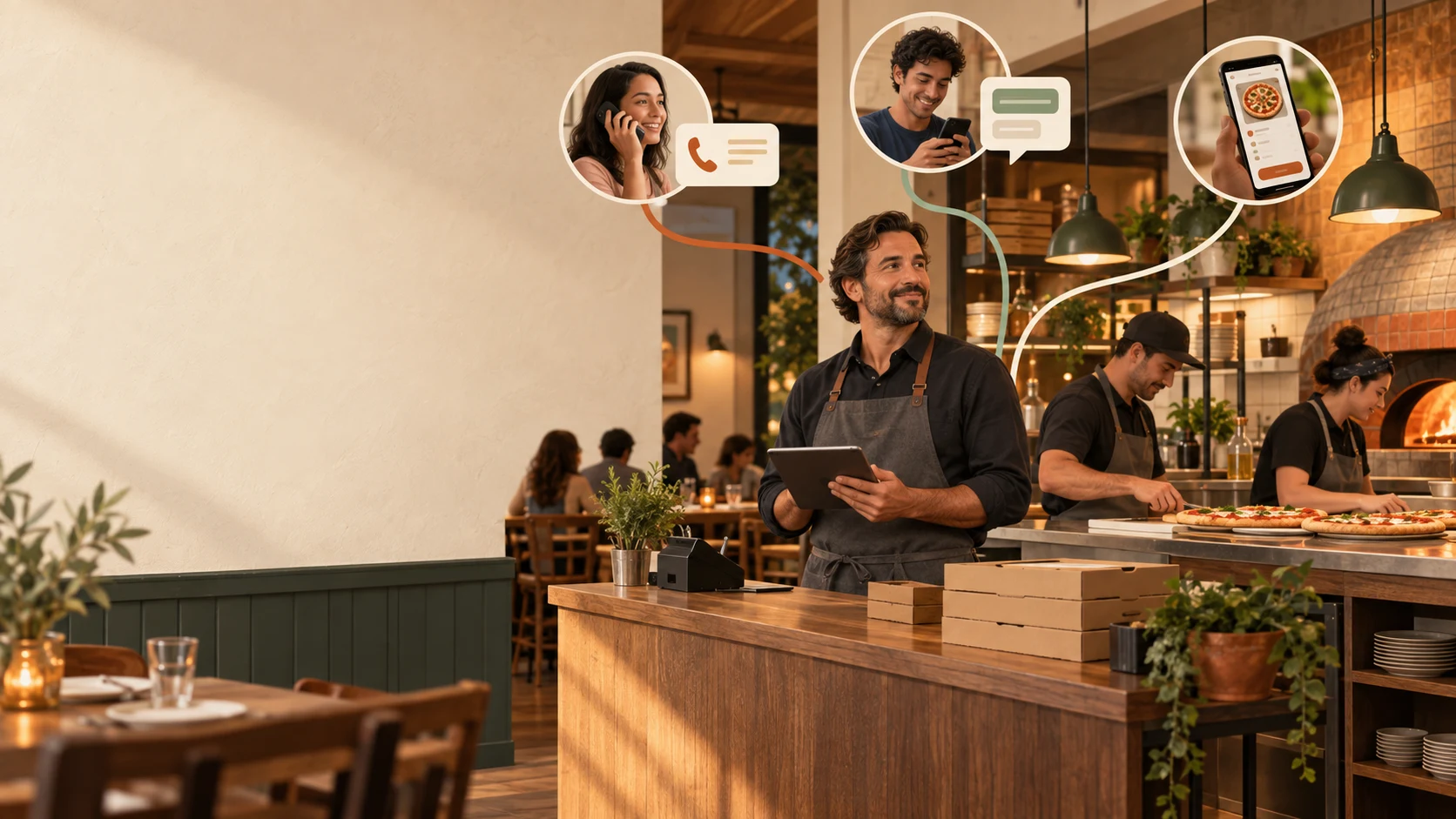 Restaurant operator receiving phone, text, and mobile orders in one connected workflow